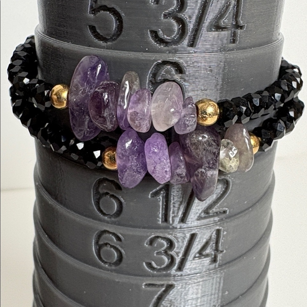 Two Amethyst stretch Black Glass faceted Beaded Bracelet